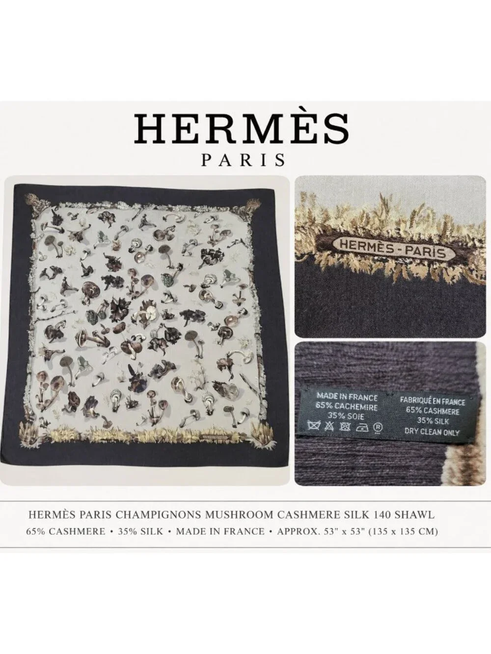 Hermès Paris Champignons Mushroom Cashmere Silk 140 Shawl Scarf Made in France